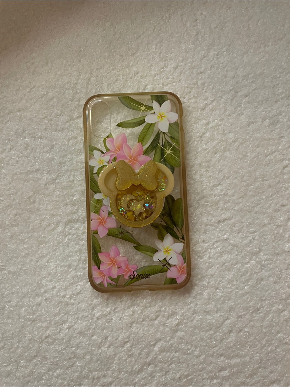 Floral Clear Phone Case with Pink Plumeria and Gold Minnie Mouse Grip